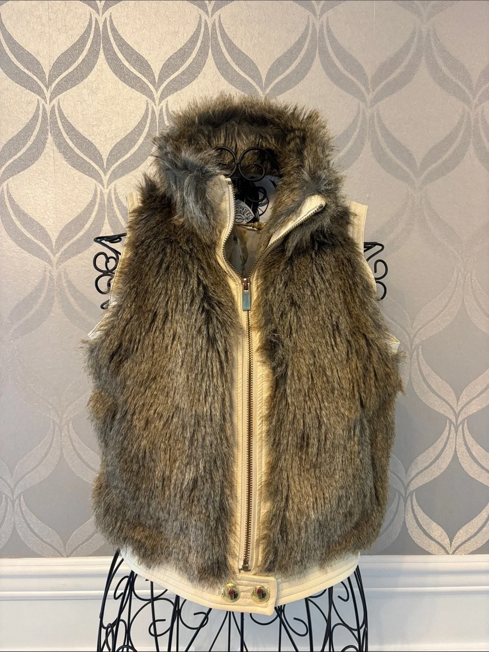 Sugarfly Faux Fur Hooded Vest in Brown with Cream Trim